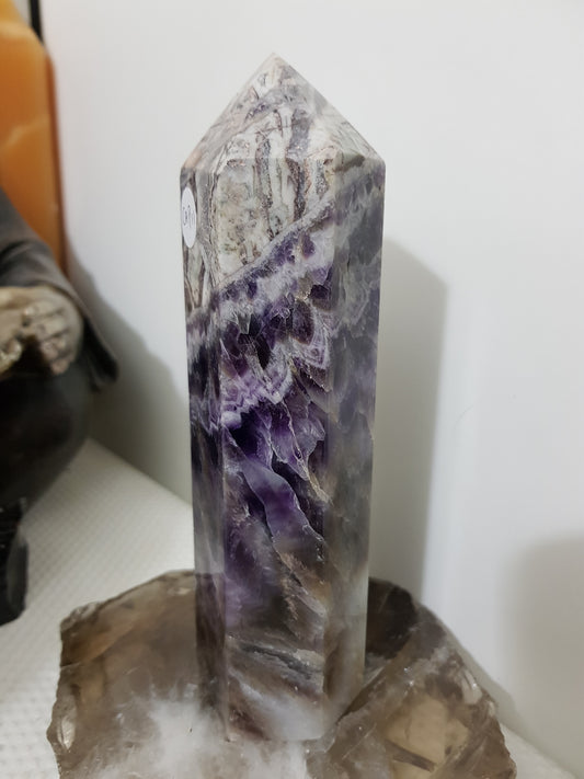 Chevron amethyst crystal point tower polished Brazil deep purple chevron banding 18cm