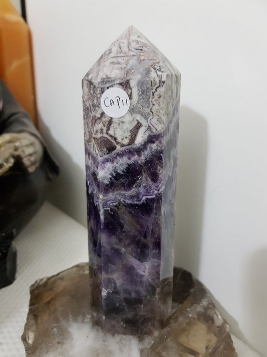 Chevron amethyst crystal point tower polished Brazil deep purple chevron banding 18cm