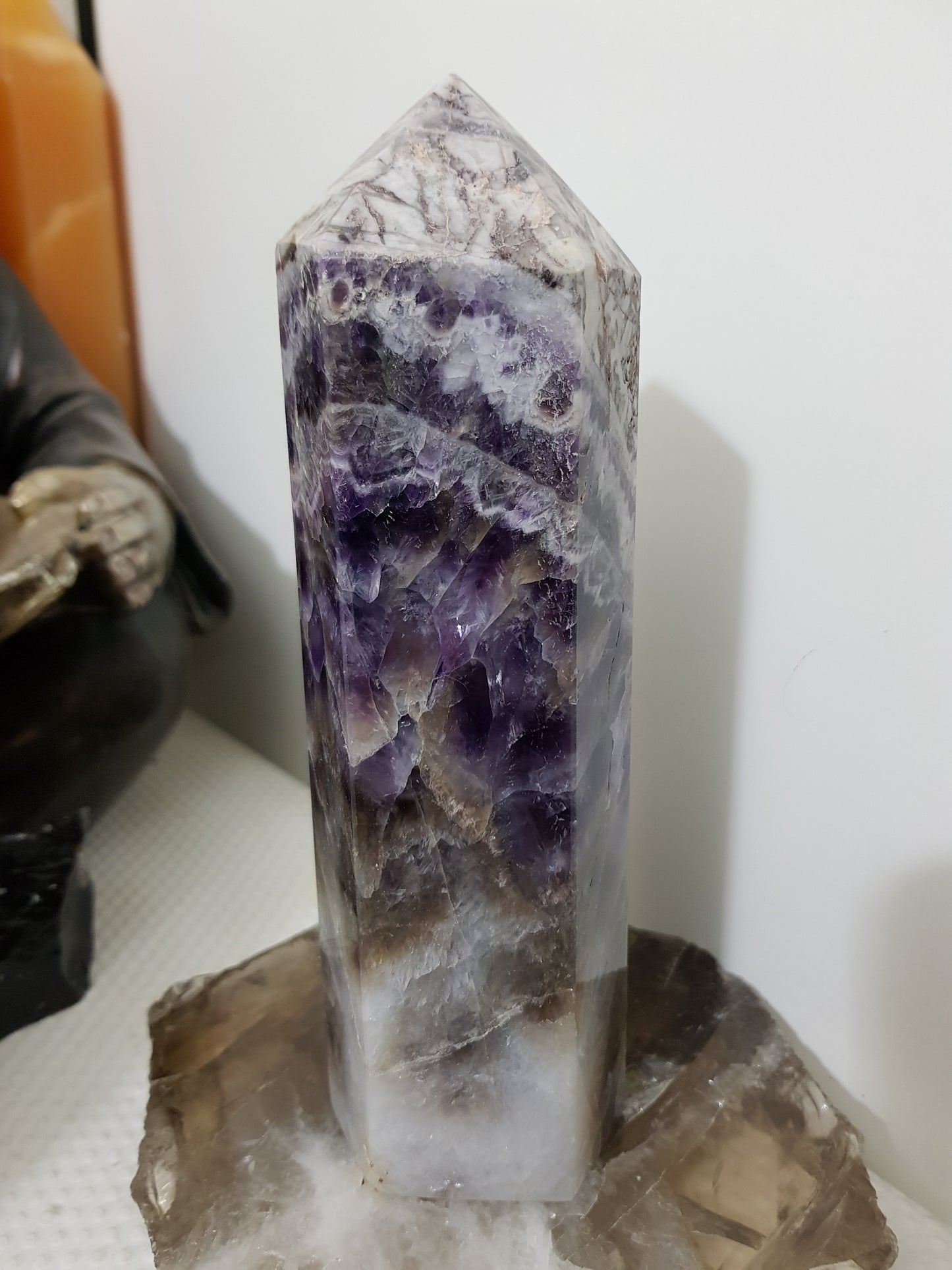 Chevron amethyst crystal point tower polished Brazil deep purple chevron banding 18cm