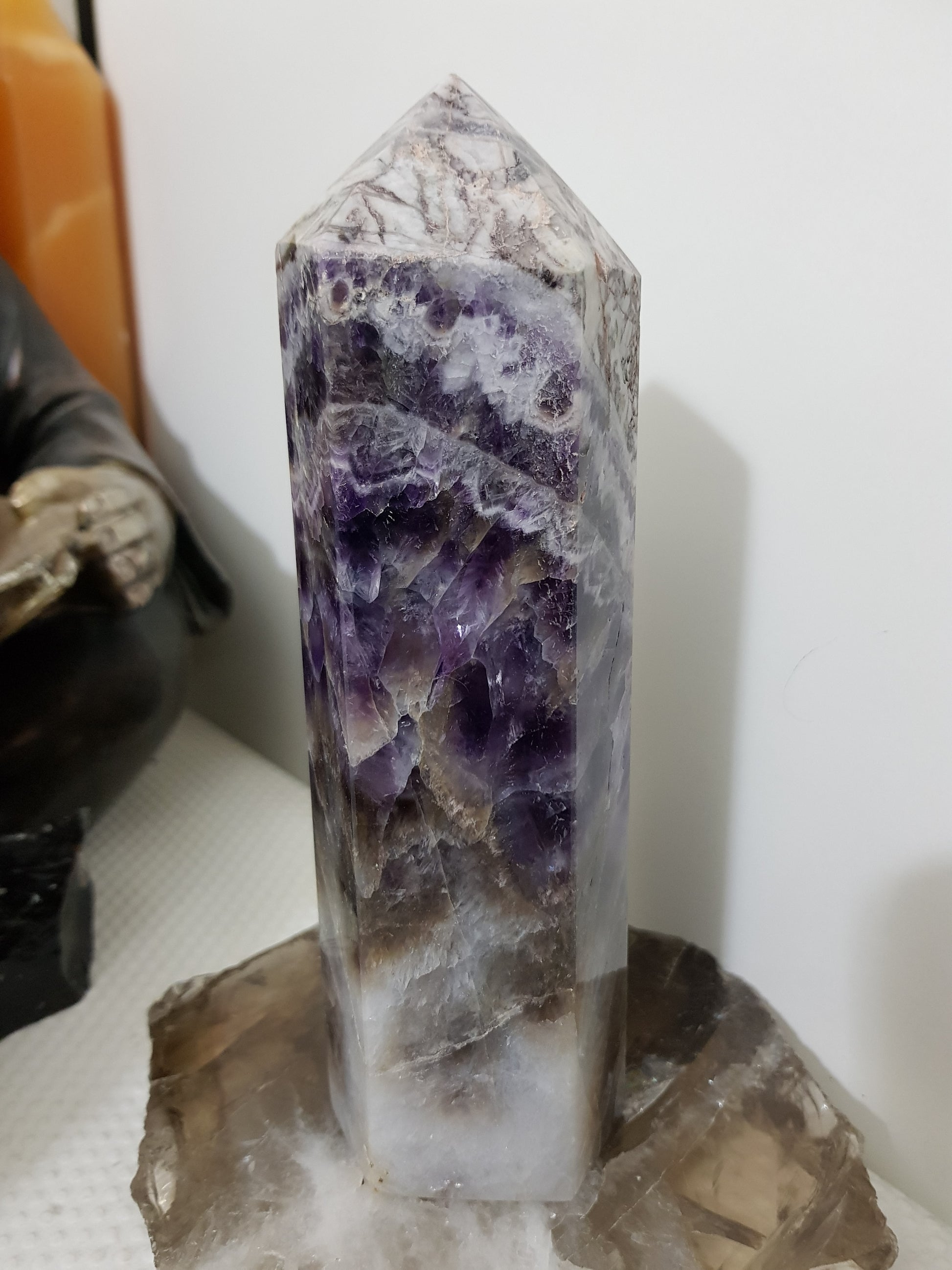 Chevron amethyst crystal point tower polished Brazil deep purple chevron banding 18cm