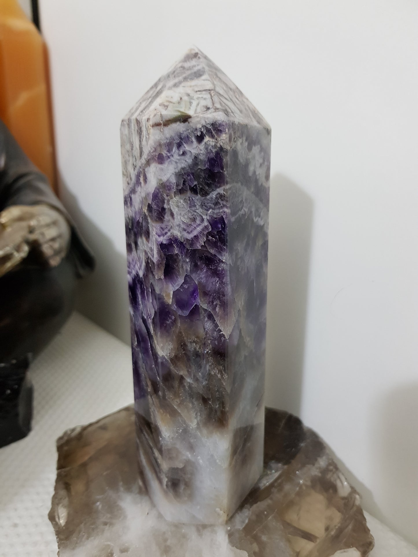 Chevron amethyst crystal point tower polished Brazil deep purple chevron banding 18cm