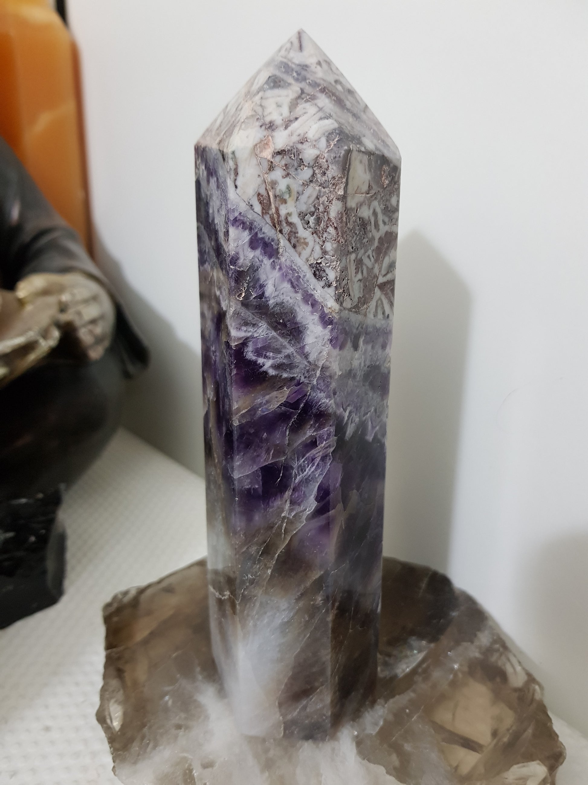 Chevron amethyst crystal point tower polished Brazil deep purple chevron banding 18cm