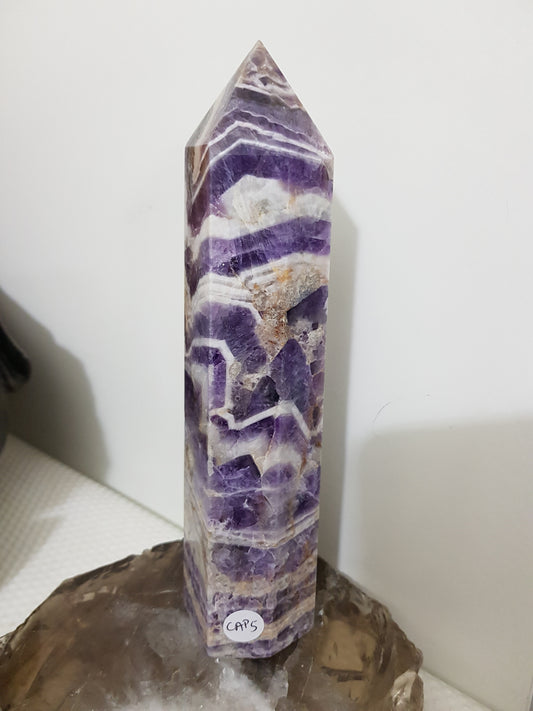 Chevron amethyst crystal point tower polished Brazil deep purple chevron banding 19.5cm