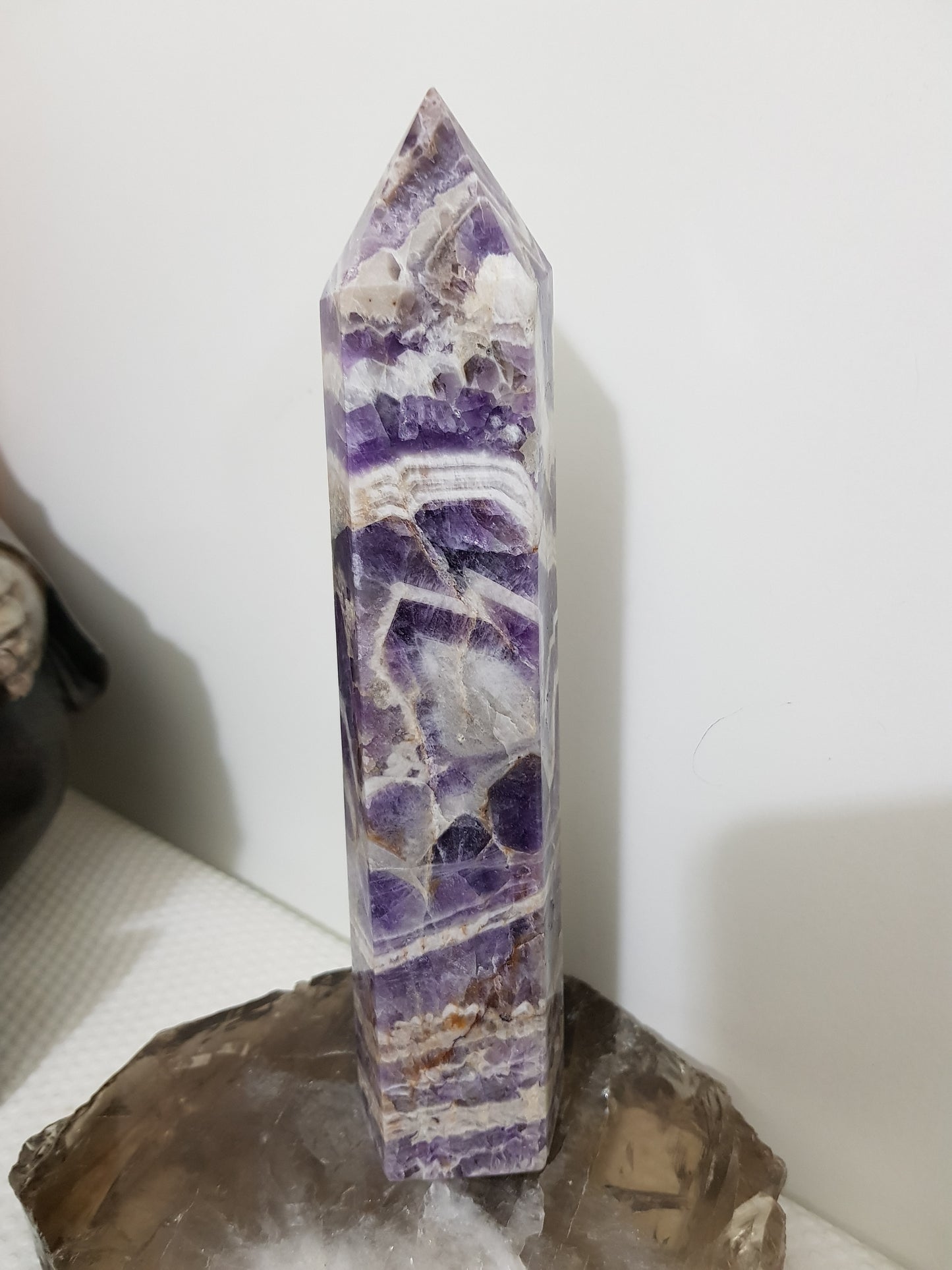 Chevron amethyst crystal point tower polished Brazil deep purple chevron banding 19.5cm
