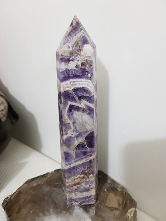 Chevron amethyst crystal point tower polished Brazil deep purple chevron banding 19.5cm