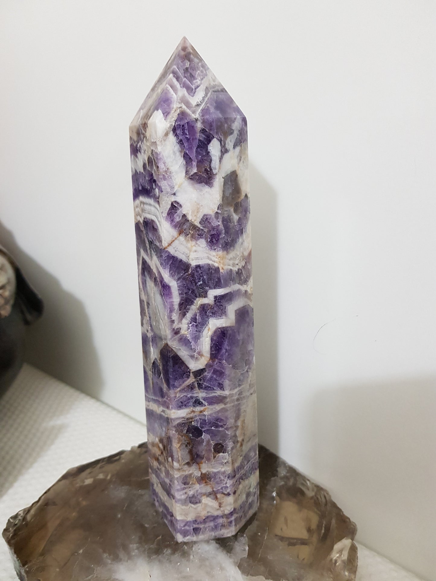 Chevron amethyst crystal point tower polished Brazil deep purple chevron banding 19.5cm