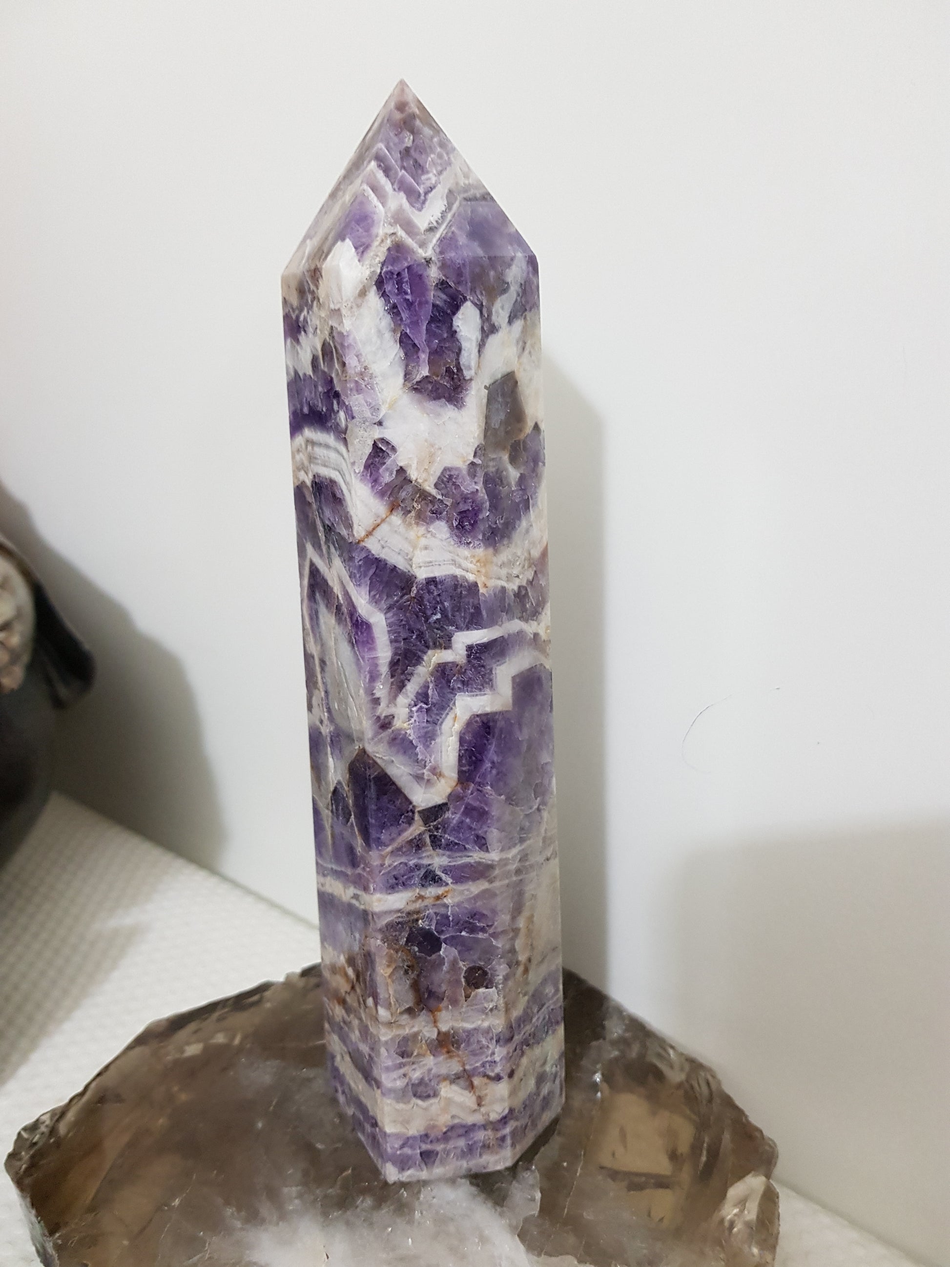 Chevron amethyst crystal point tower polished Brazil deep purple chevron banding 19.5cm