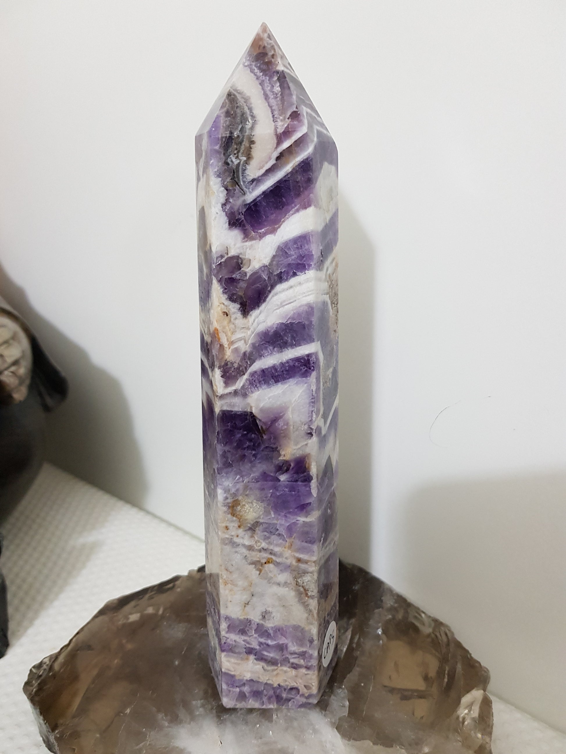 Chevron amethyst crystal point tower polished Brazil deep purple chevron banding 19.5cm