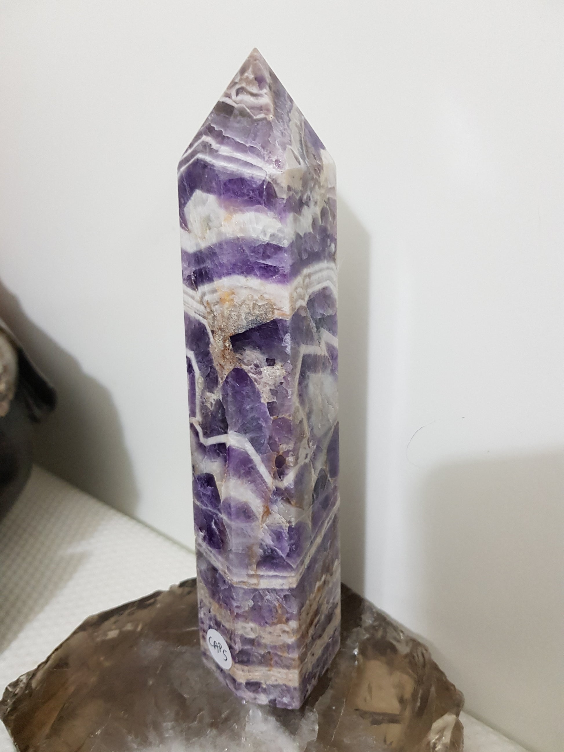 Chevron amethyst crystal point tower polished Brazil deep purple chevron banding 19.5cm