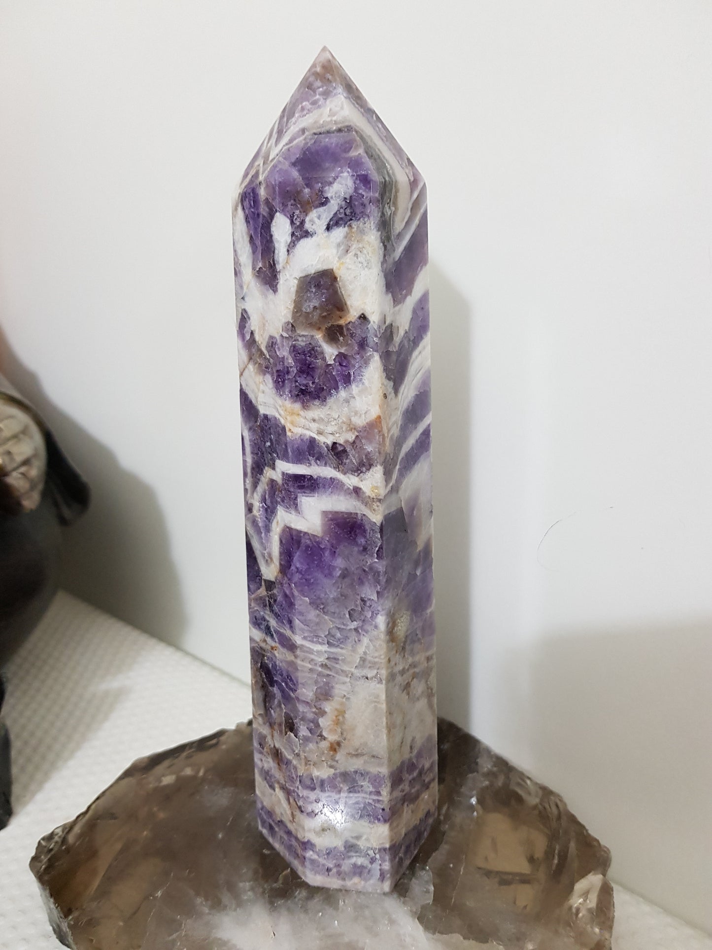 Chevron amethyst crystal point tower polished Brazil deep purple chevron banding 19.5cm
