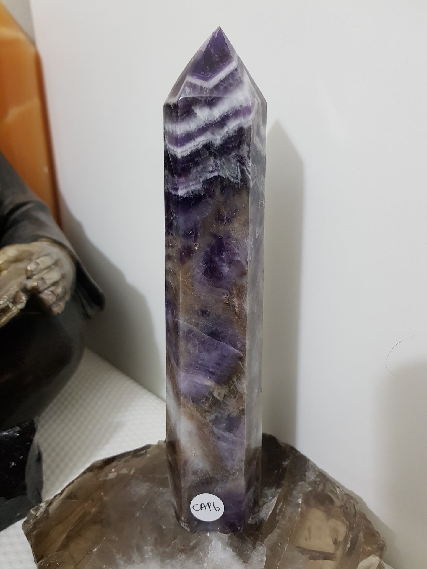 Chevron amethyst crystal point tower polished Brazil deep purple chevron banding 19.5cm