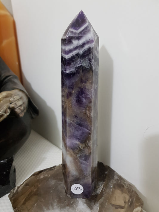 Chevron amethyst crystal point tower polished Brazil deep purple chevron banding 19.5cm
