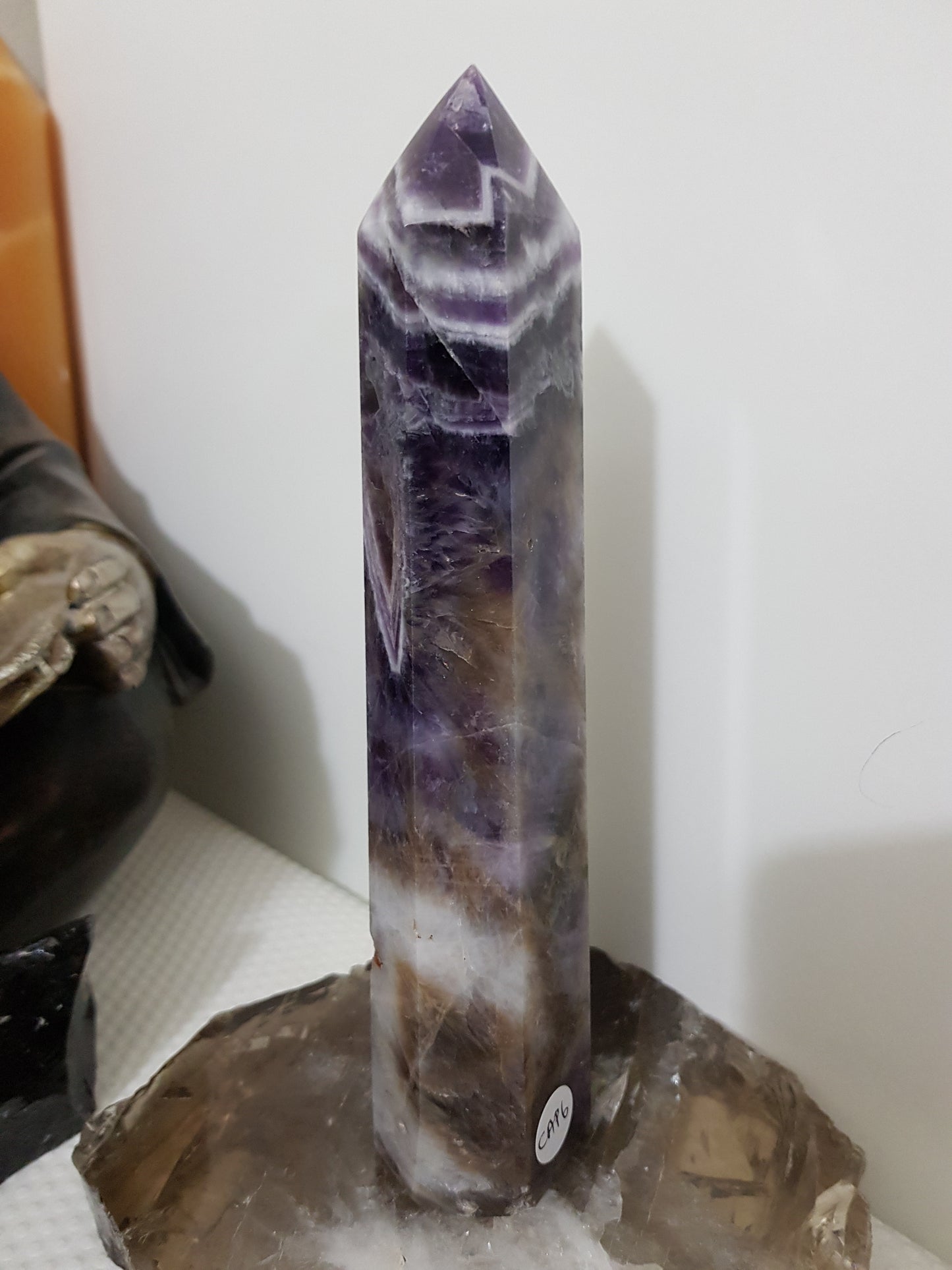 Chevron amethyst crystal point tower polished Brazil deep purple chevron banding 19.5cm
