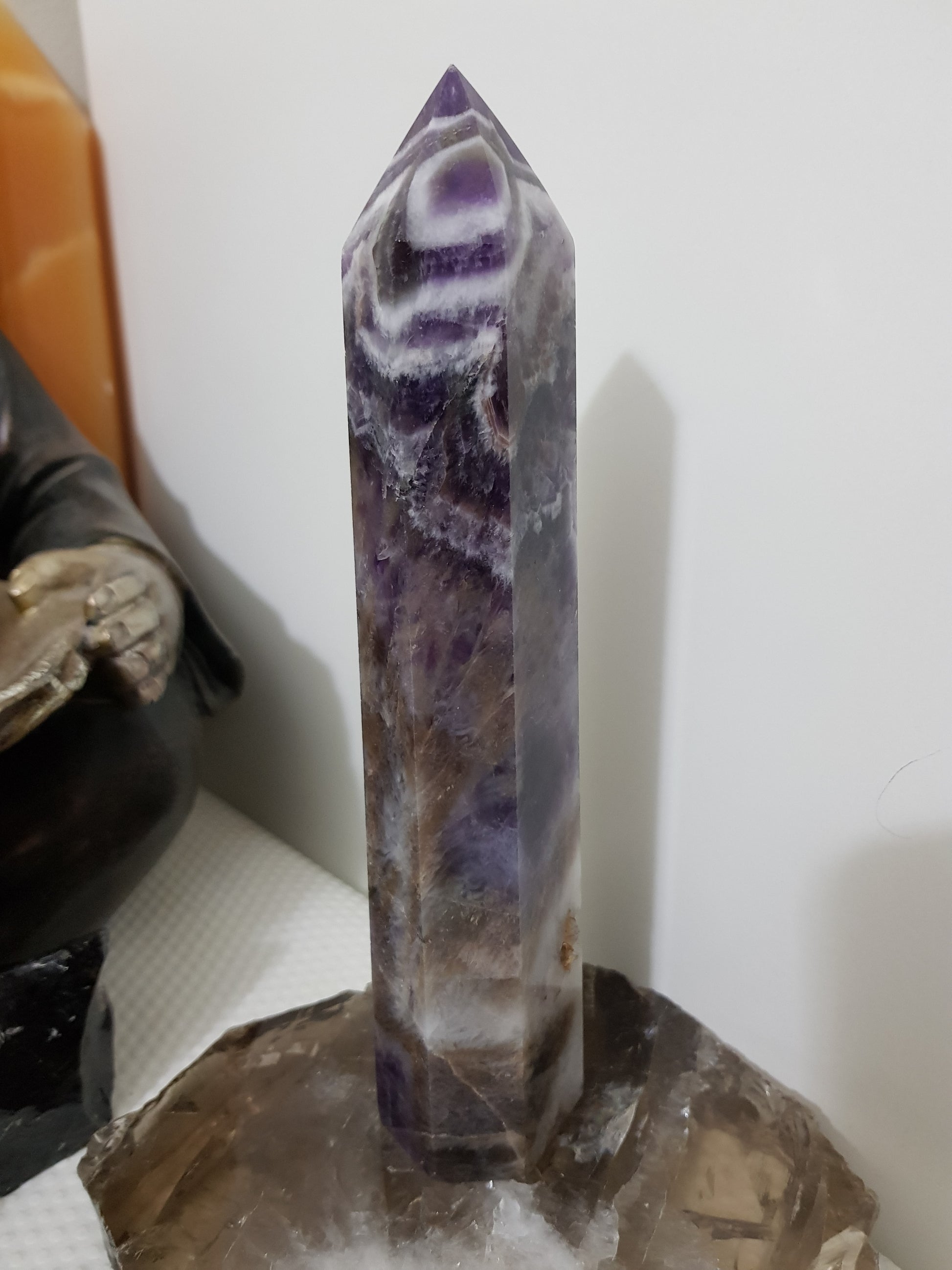 Chevron amethyst crystal point tower polished Brazil deep purple chevron banding 19.5cm