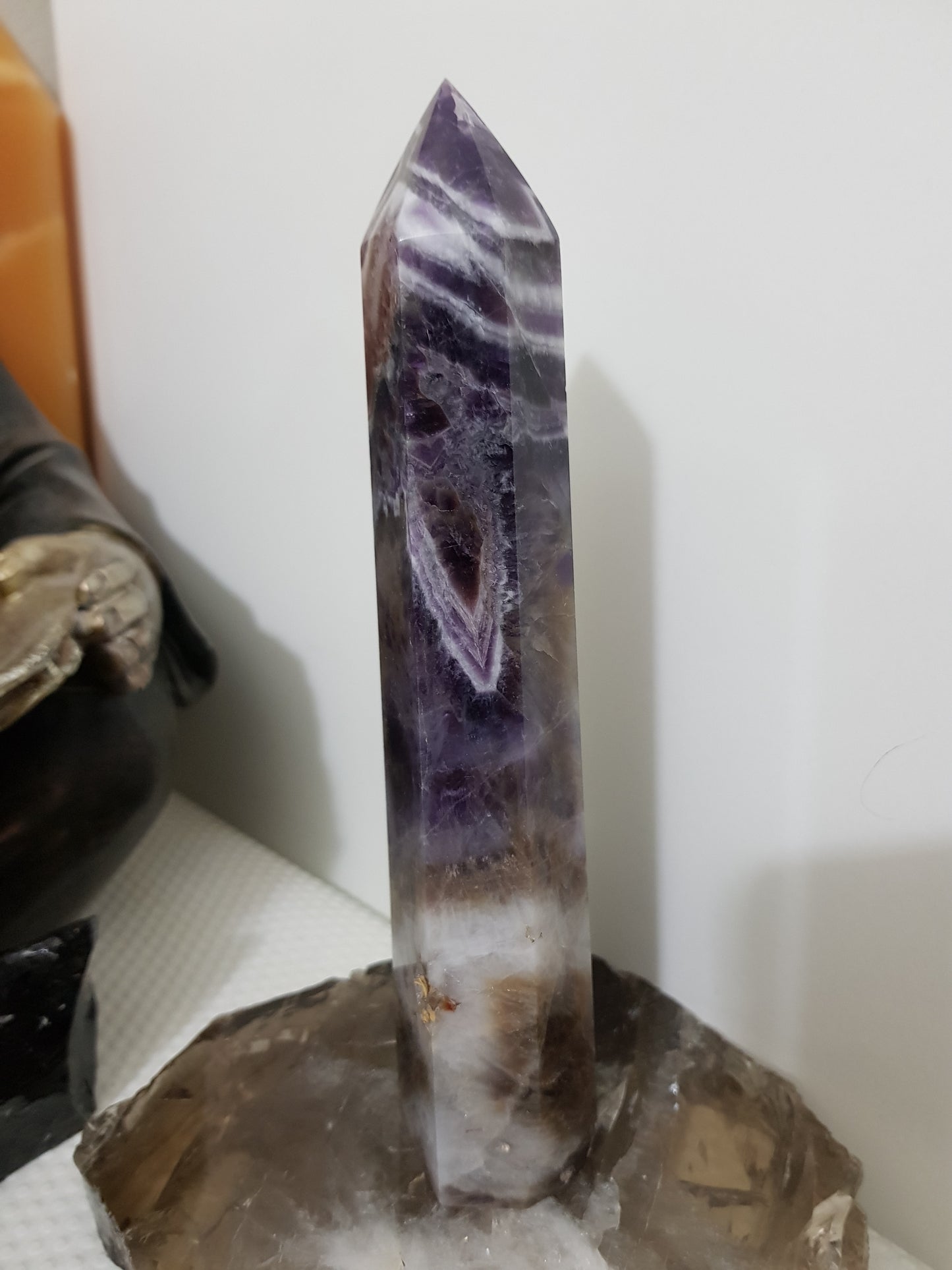 Chevron amethyst crystal point tower polished Brazil deep purple chevron banding 19.5cm