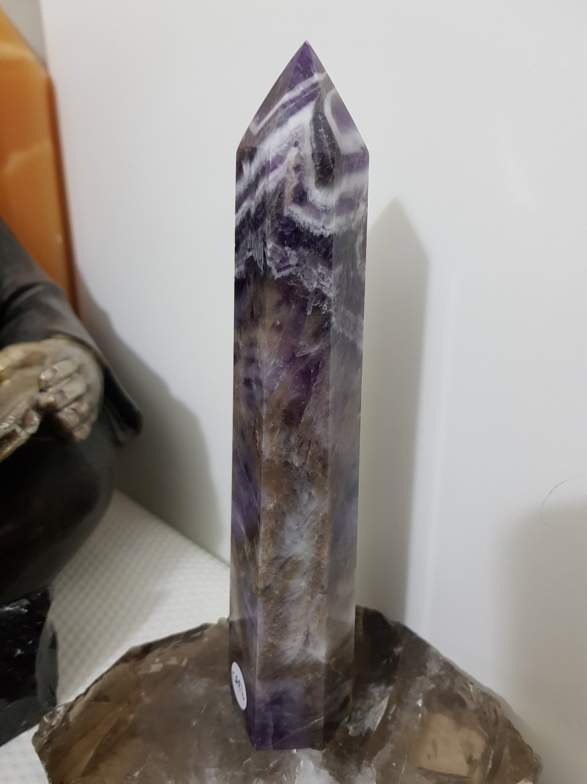 Chevron amethyst crystal point tower polished Brazil deep purple chevron banding 19.5cm