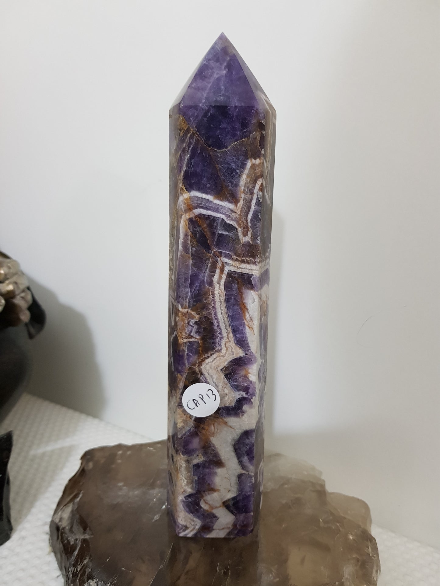 Chevron amethyst crystal point tower polished Brazil deep purple chevron banding 19cm