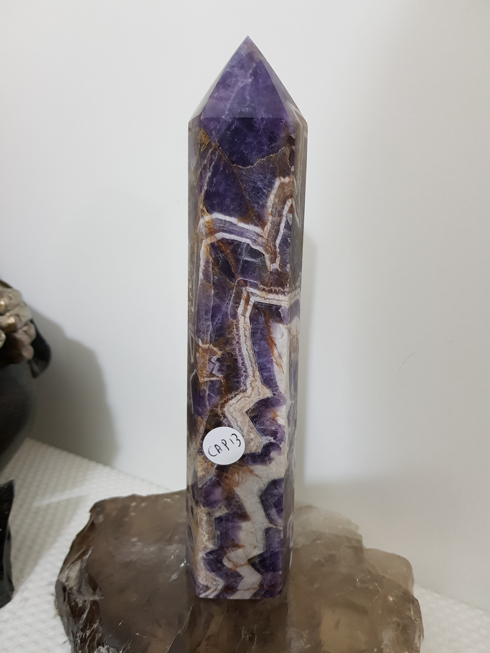 Chevron amethyst crystal point tower polished Brazil deep purple chevron banding 19cm