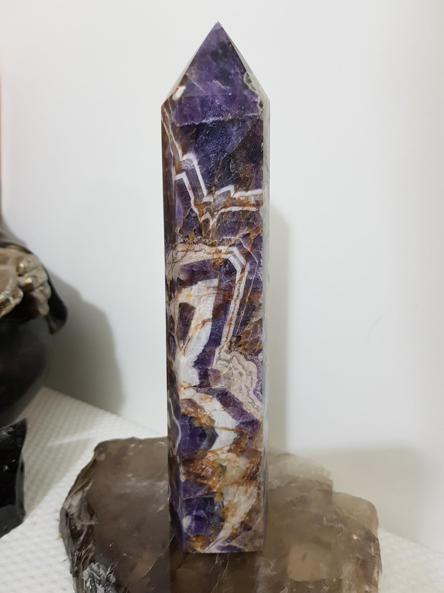 Chevron amethyst crystal point tower polished Brazil deep purple chevron banding 19cm