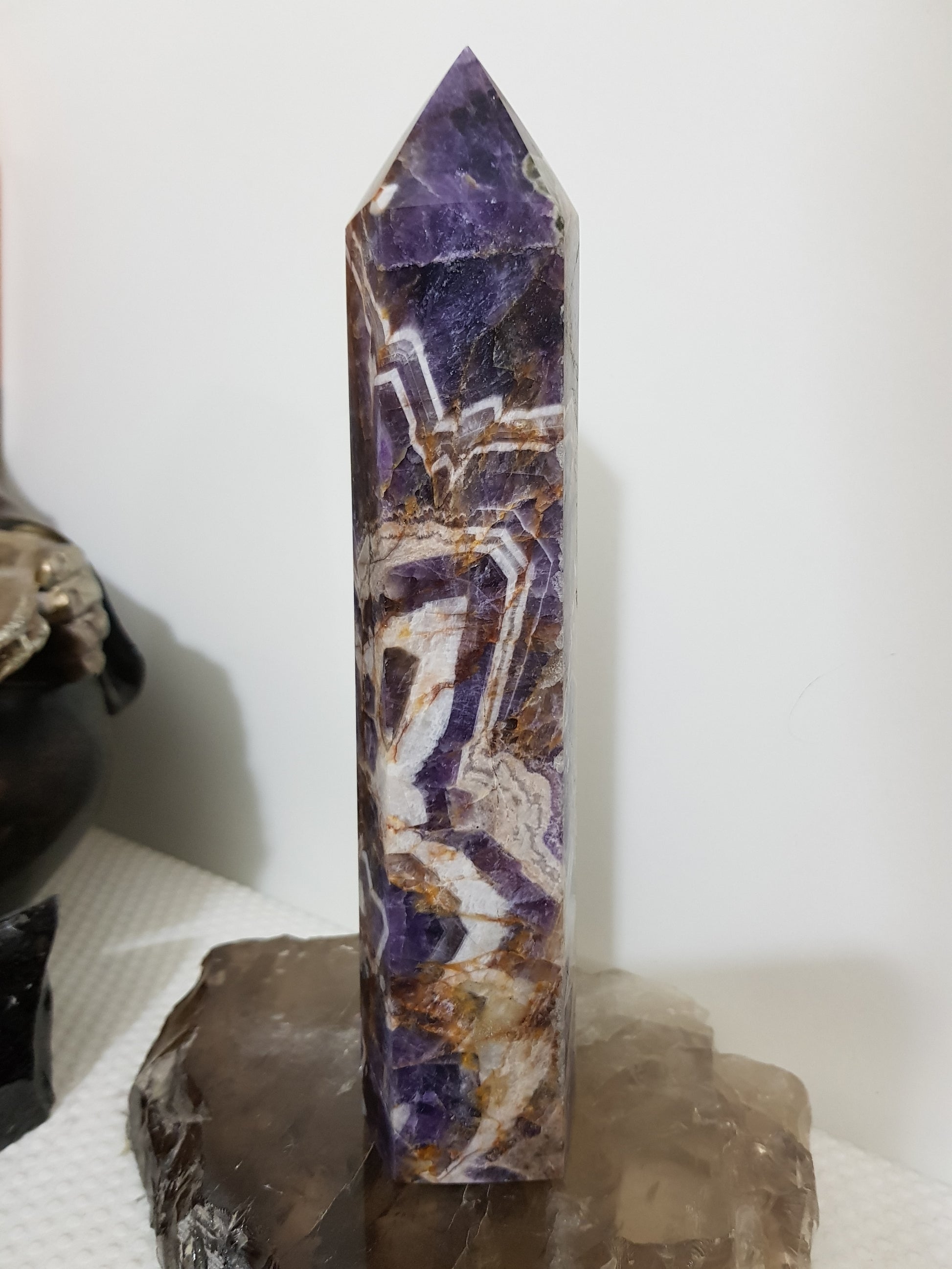 Chevron amethyst crystal point tower polished Brazil deep purple chevron banding 19cm