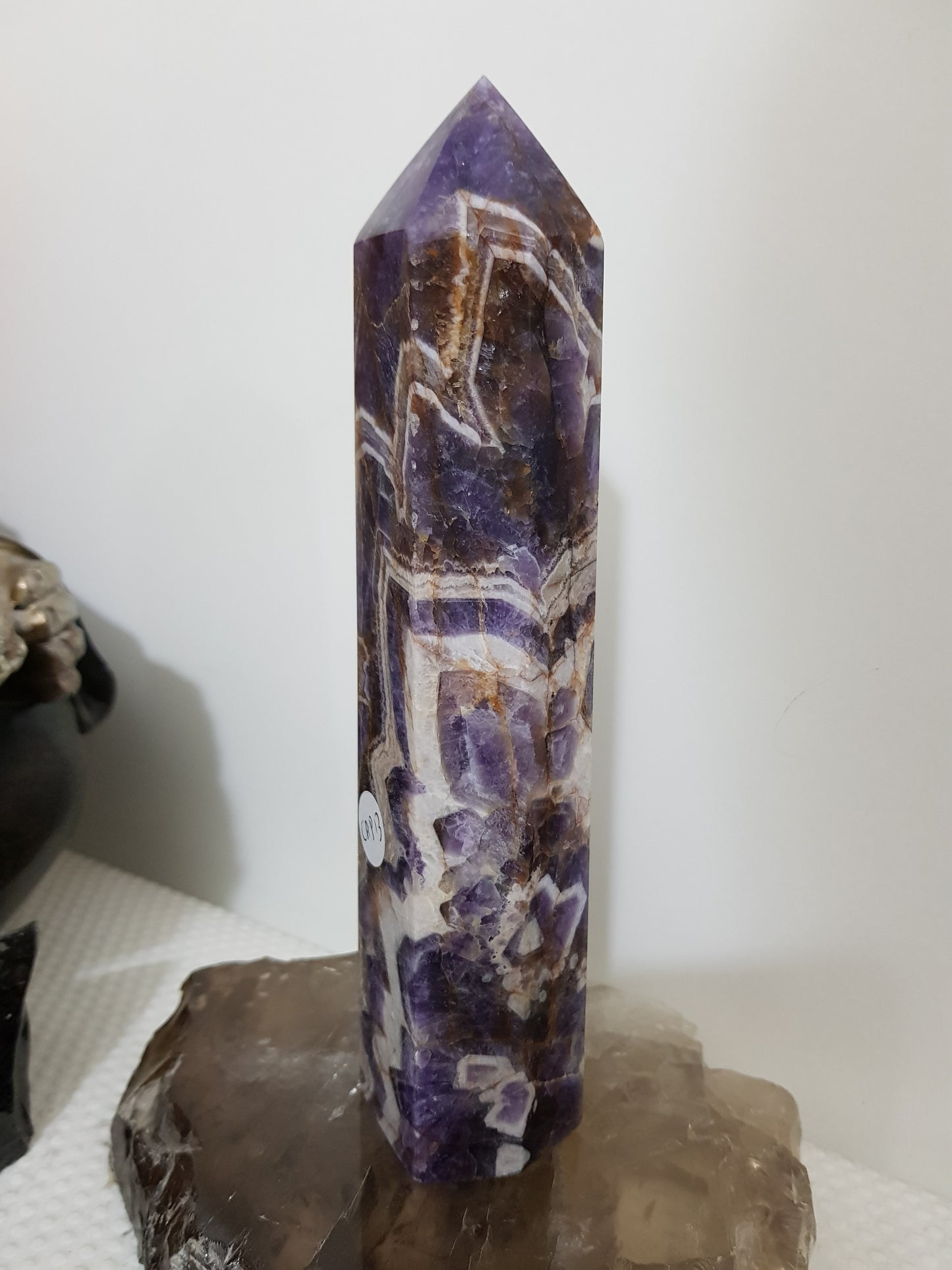 Chevron amethyst crystal point tower polished Brazil deep purple chevron banding 19cm
