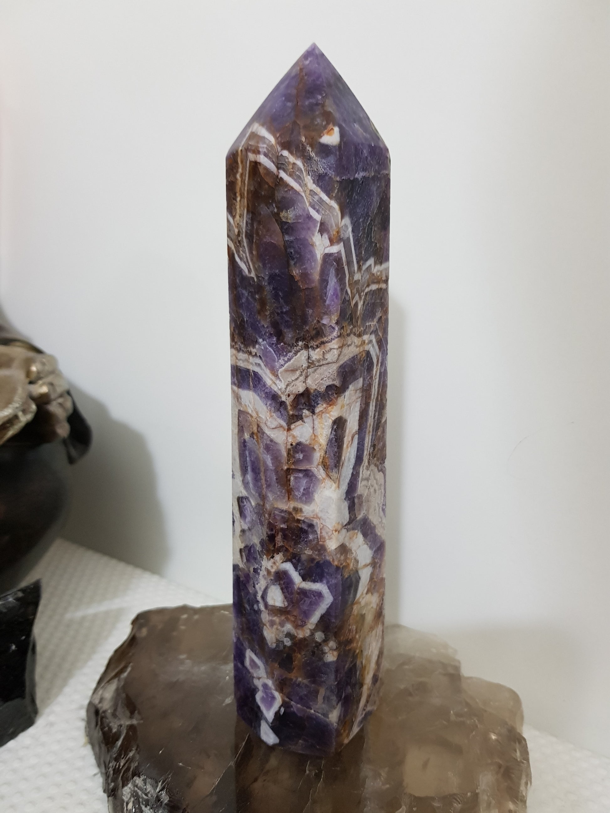 Chevron amethyst crystal point tower polished Brazil deep purple chevron banding 19cm