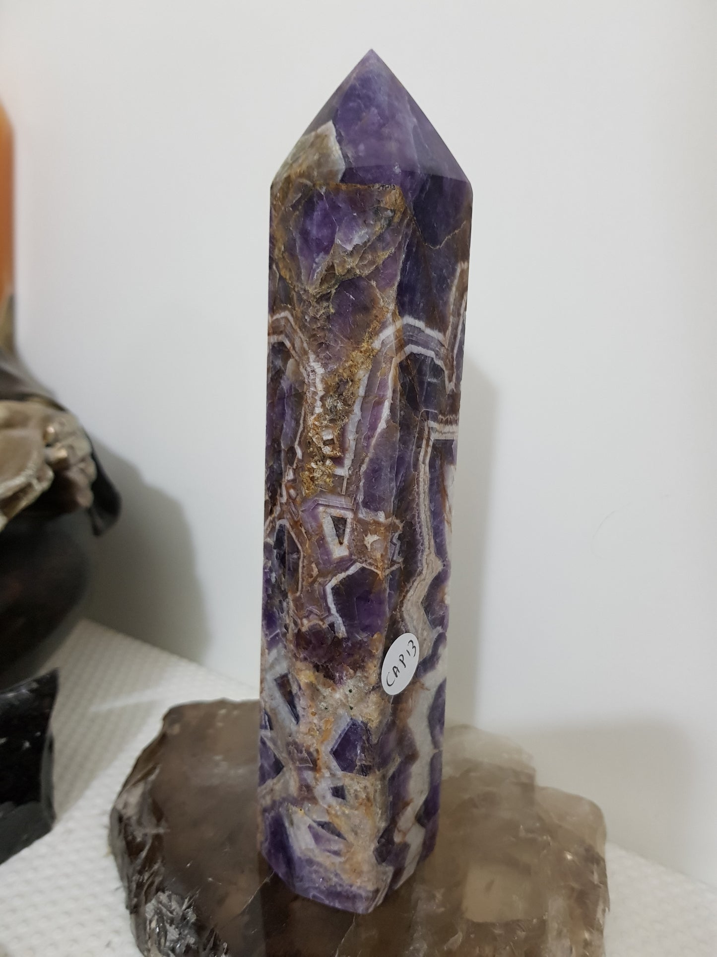 Chevron amethyst crystal point tower polished Brazil deep purple chevron banding 19cm