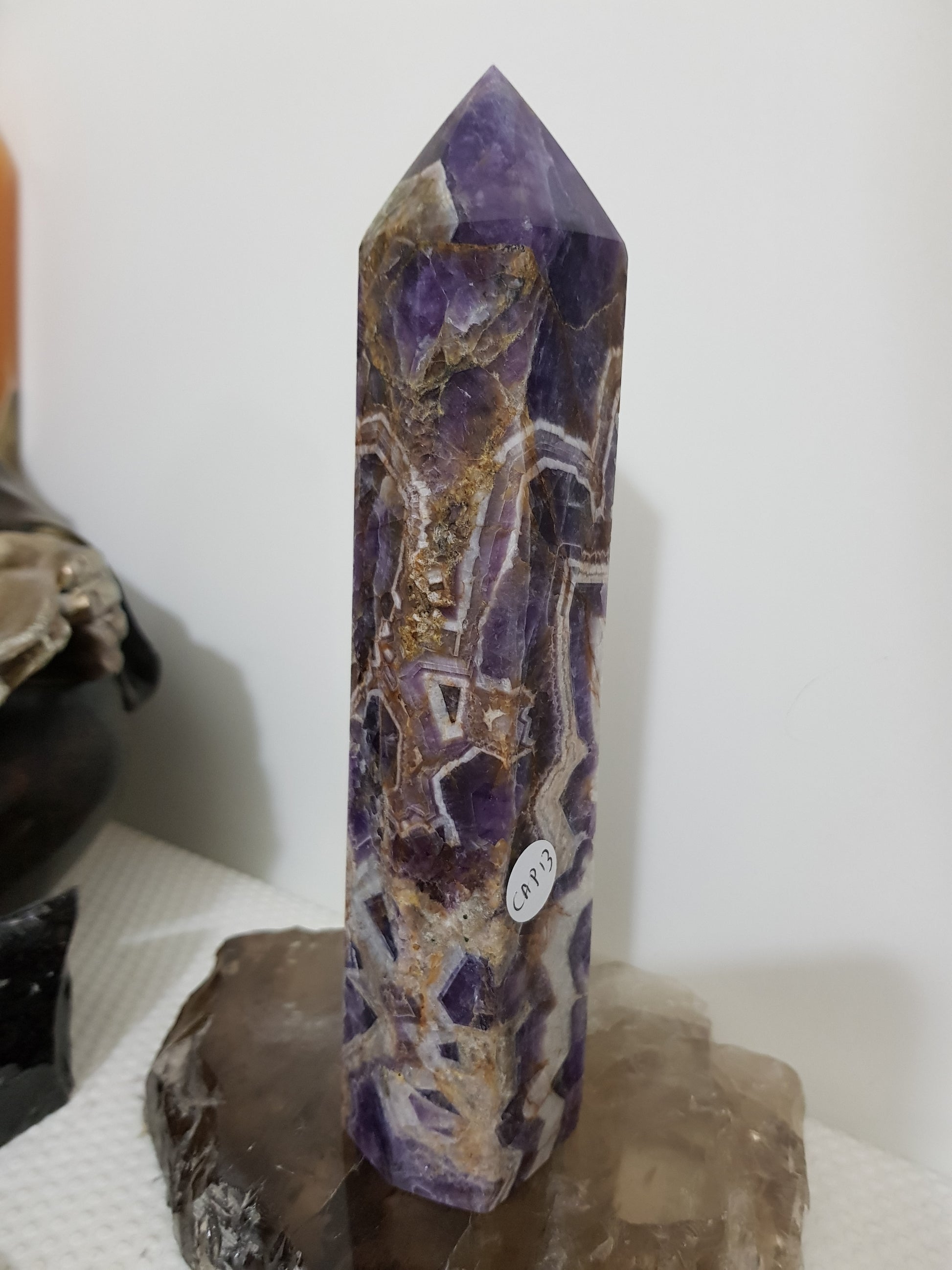 Chevron amethyst crystal point tower polished Brazil deep purple chevron banding 19cm