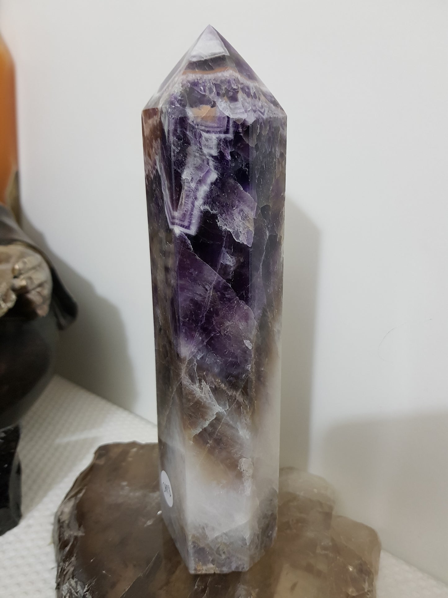 Chevron amethyst crystal point tower polished Brazil deep purple chevron banding 19cm