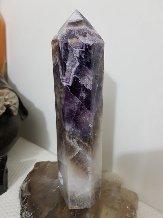 Chevron amethyst crystal point tower polished Brazil deep purple chevron banding 19cm