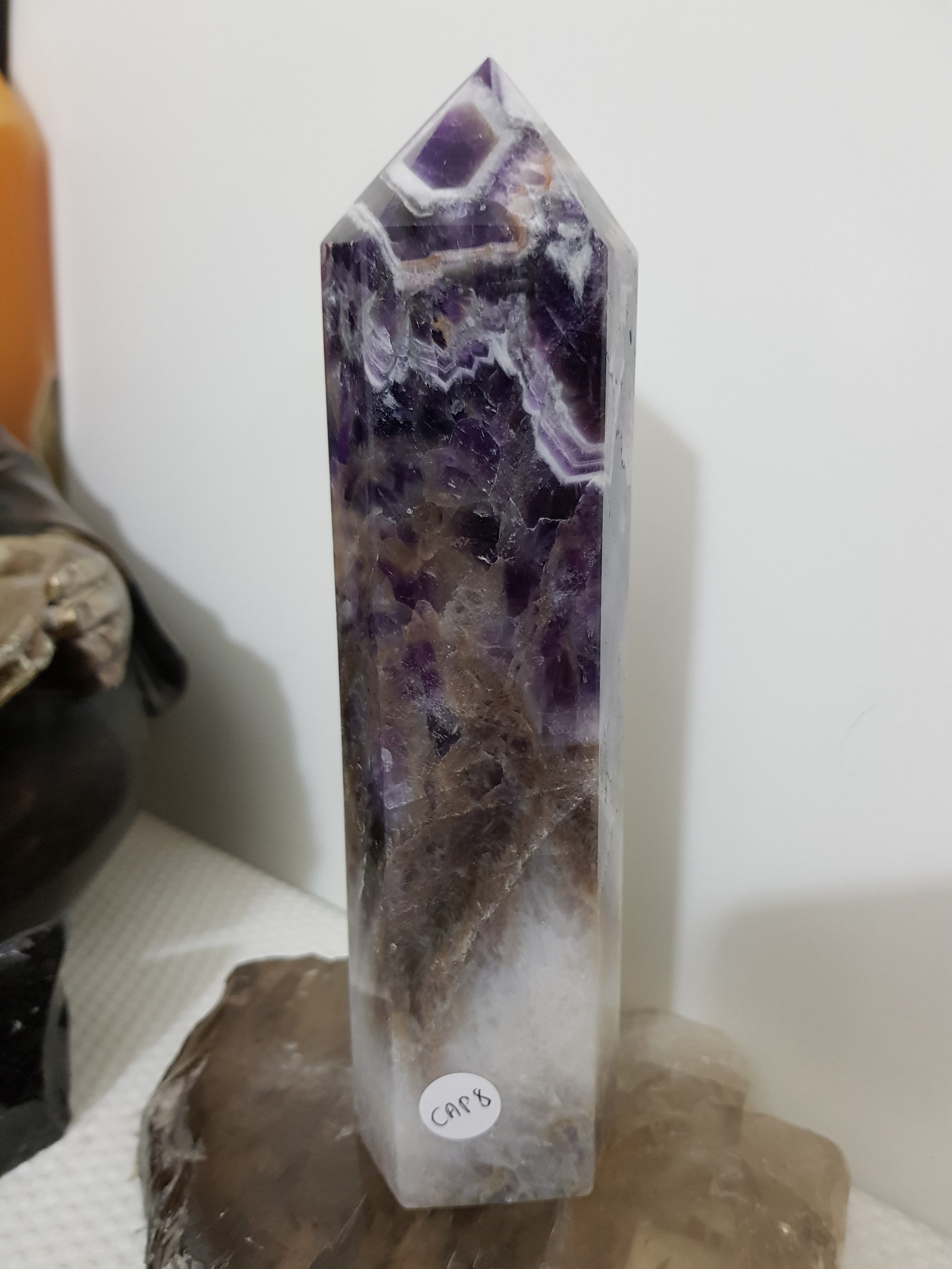 Chevron amethyst crystal point tower polished Brazil deep purple chevron banding 19cm