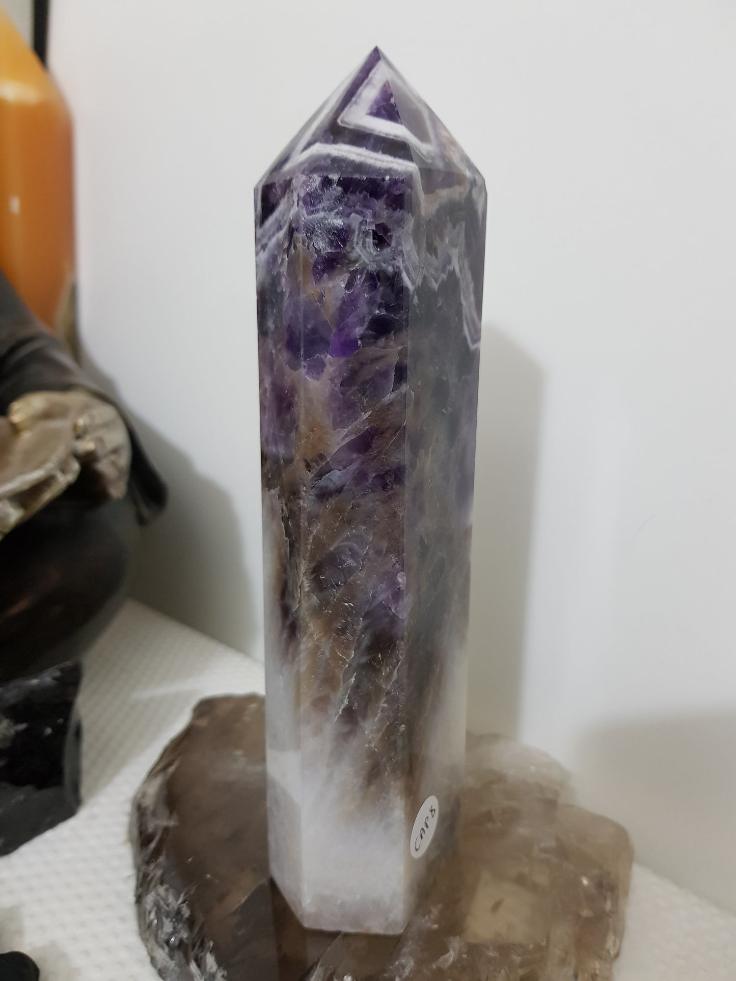 Chevron amethyst crystal point tower polished Brazil deep purple chevron banding 19cm