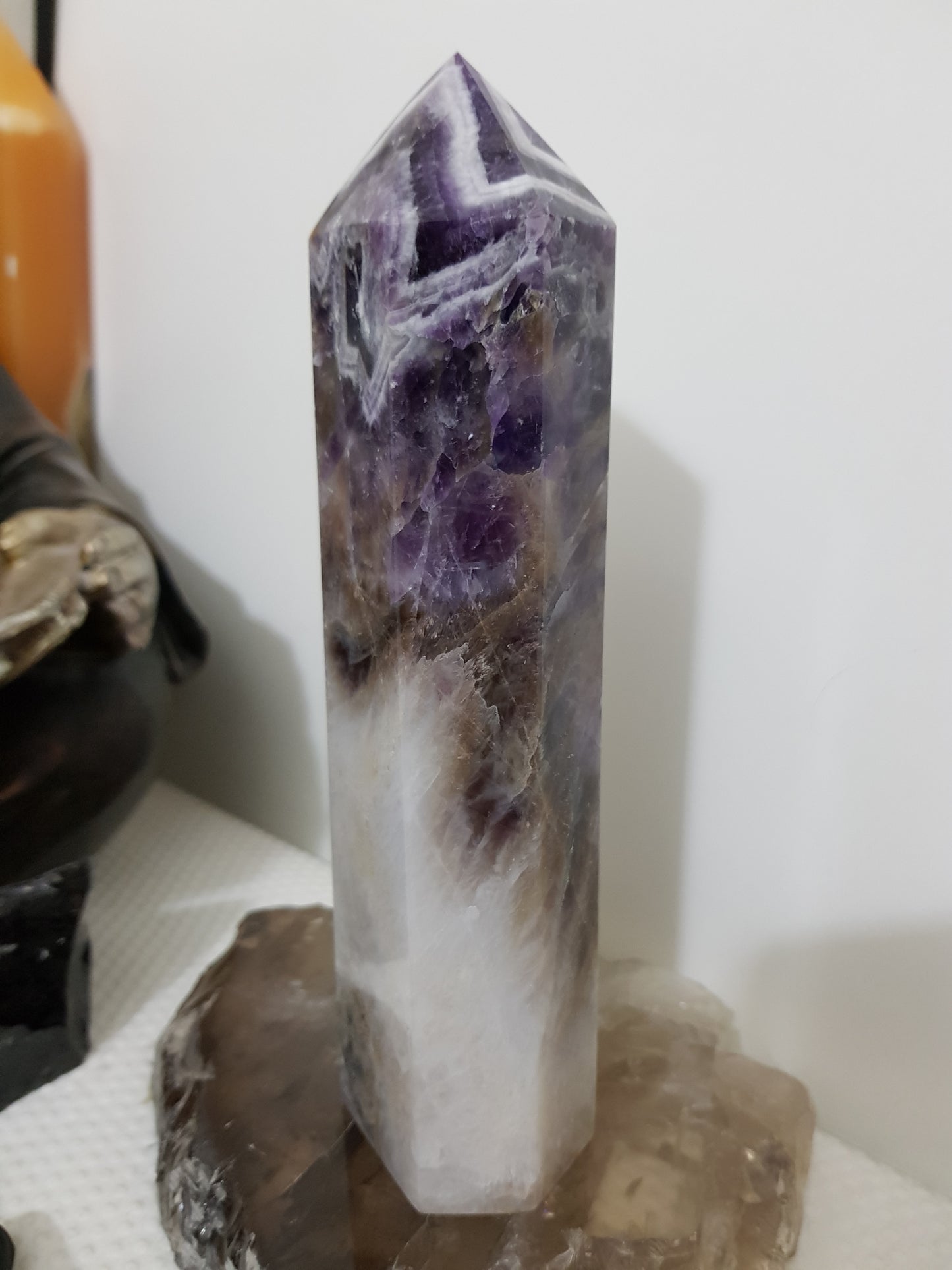 Chevron amethyst crystal point tower polished Brazil deep purple chevron banding 19cm
