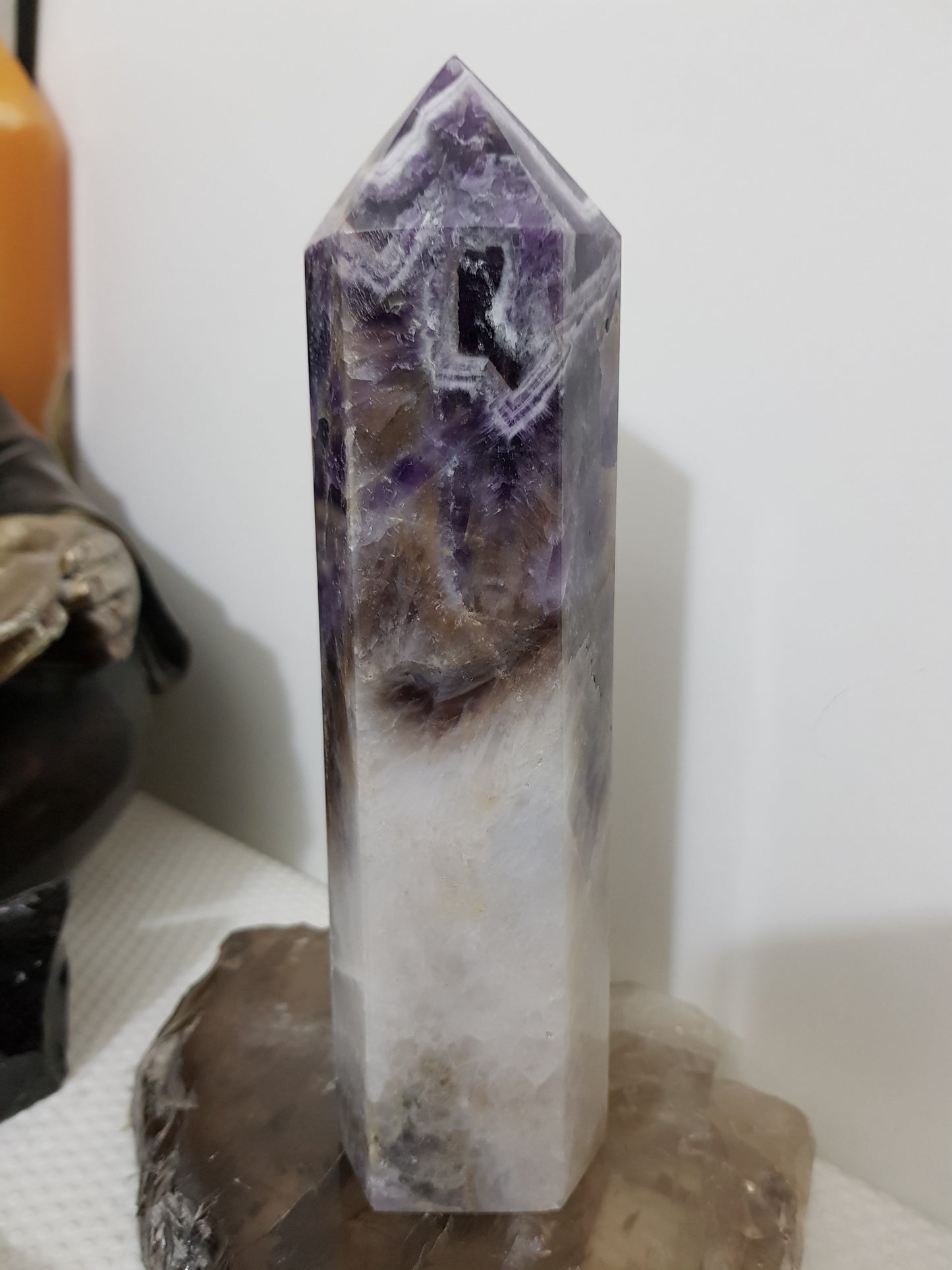 Chevron amethyst crystal point tower polished Brazil deep purple chevron banding 19cm