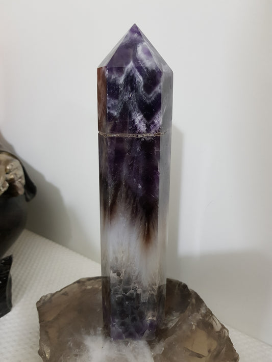 Chevron amethyst crystal point tower polished Brazil deep purple chevron banding 20.5cm