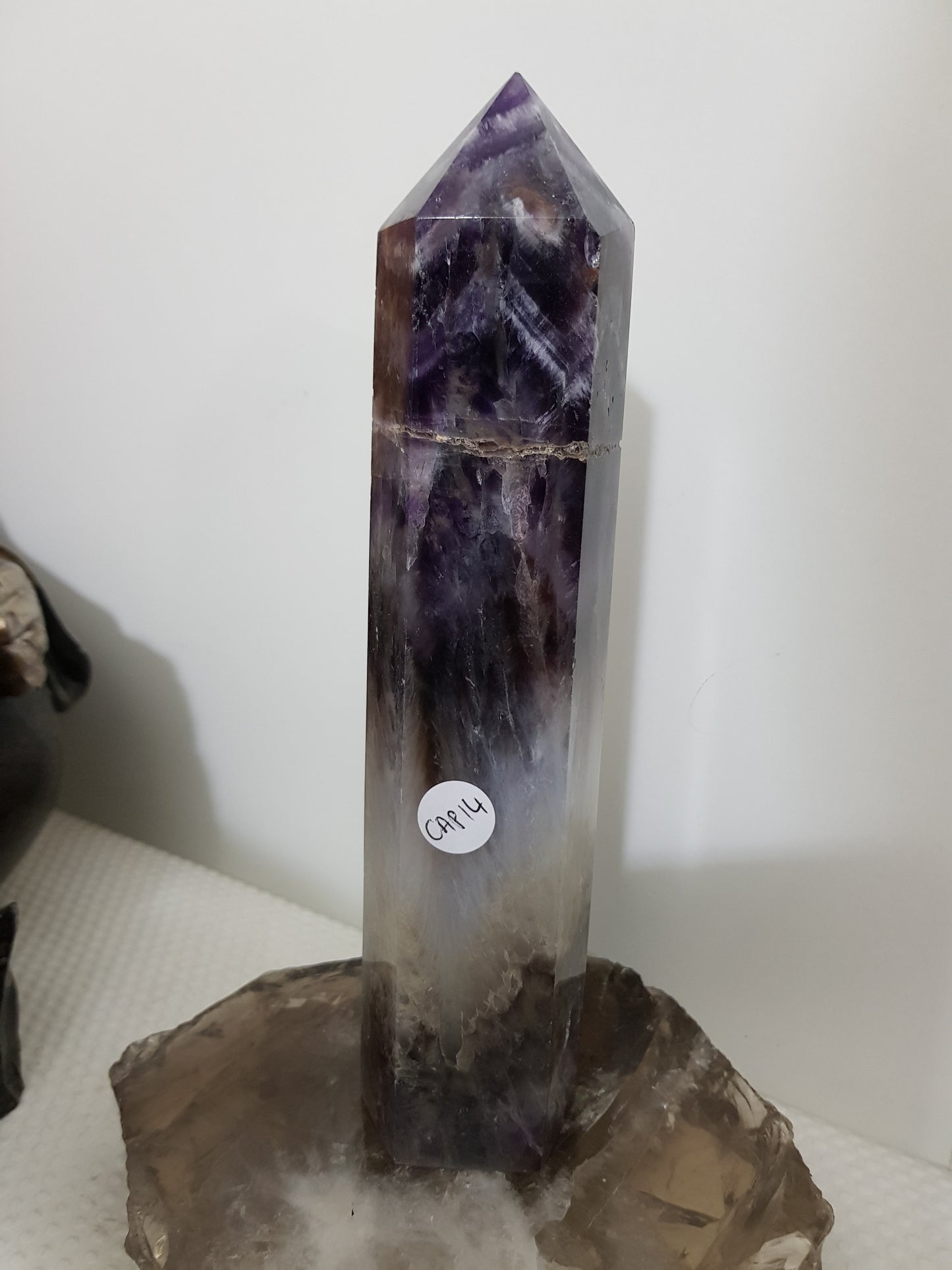 Chevron amethyst crystal point tower polished Brazil deep purple chevron banding 20.5cm