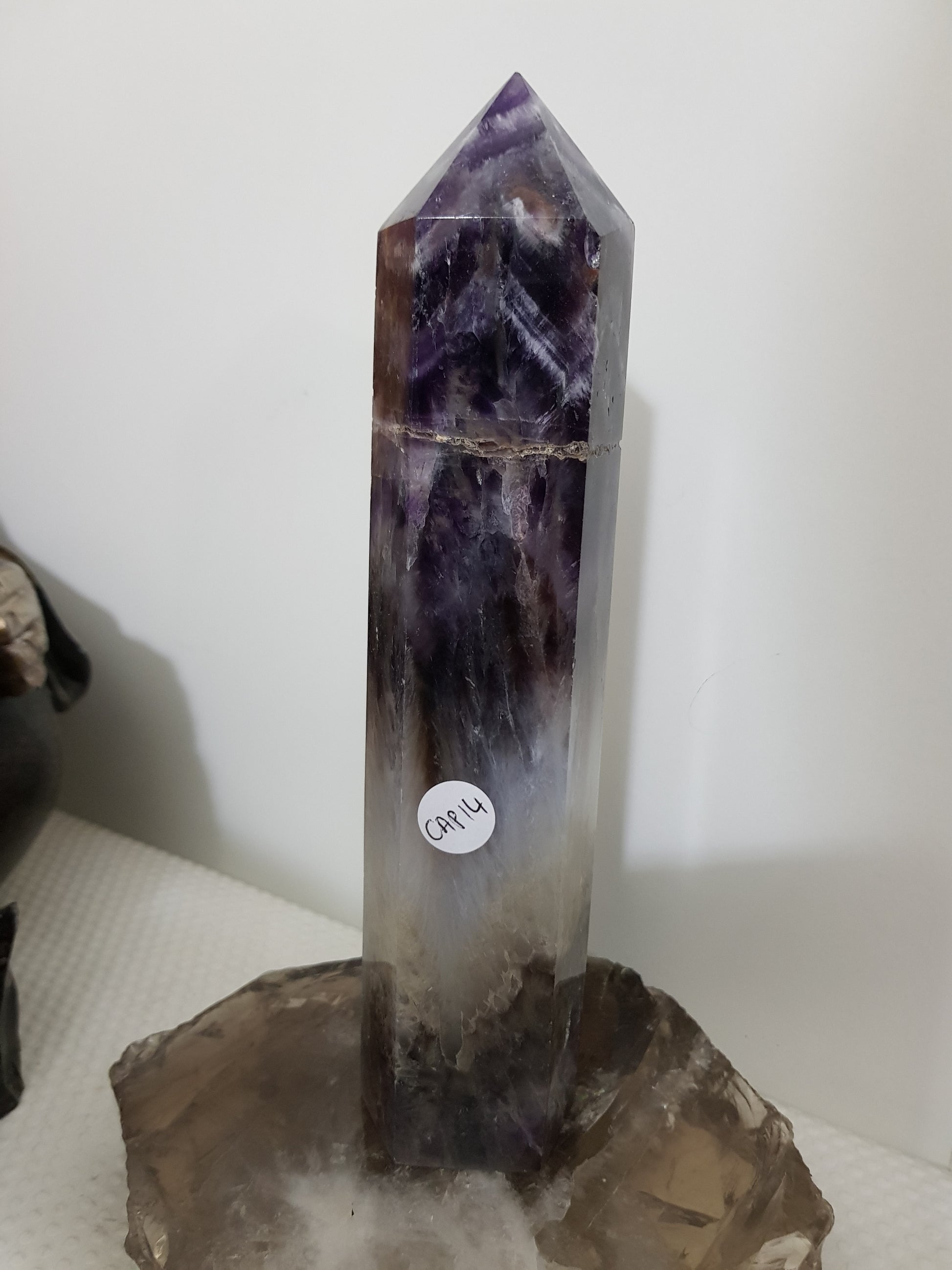 Chevron amethyst crystal point tower polished Brazil deep purple chevron banding 20.5cm