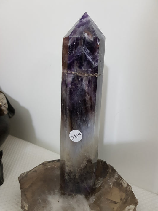 Chevron amethyst crystal point tower polished Brazil deep purple chevron banding 20.5cm