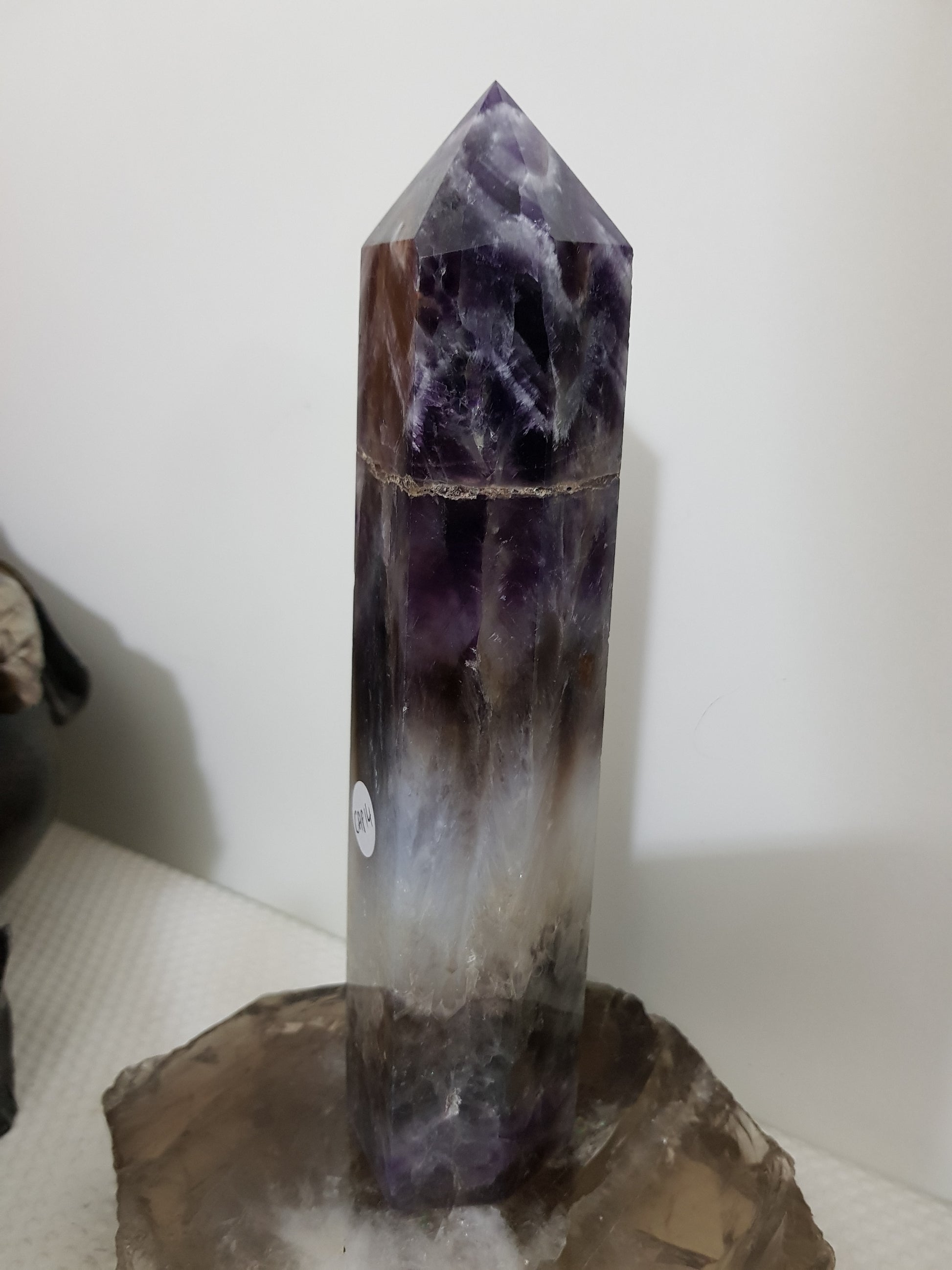 Chevron amethyst crystal point tower polished Brazil deep purple chevron banding 20.5cm