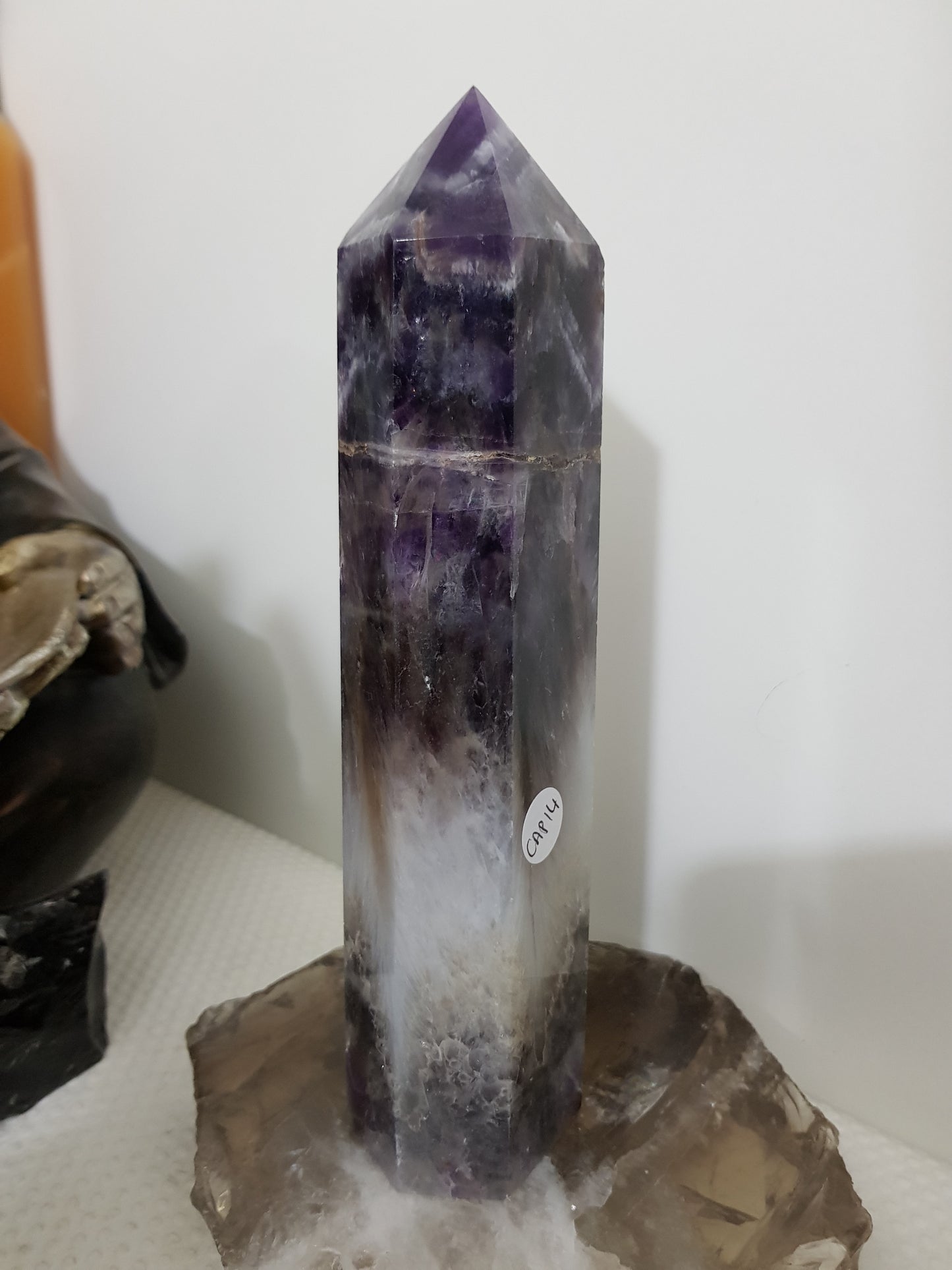 Chevron amethyst crystal point tower polished Brazil deep purple chevron banding 20.5cm