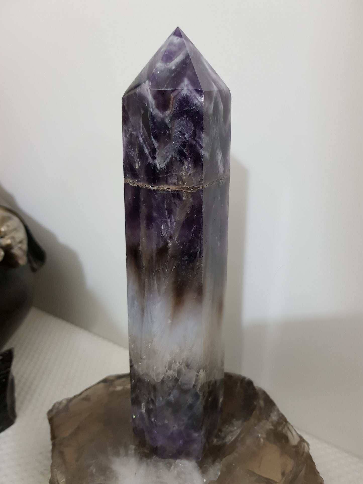 Chevron amethyst crystal point tower polished Brazil deep purple chevron banding 20.5cm