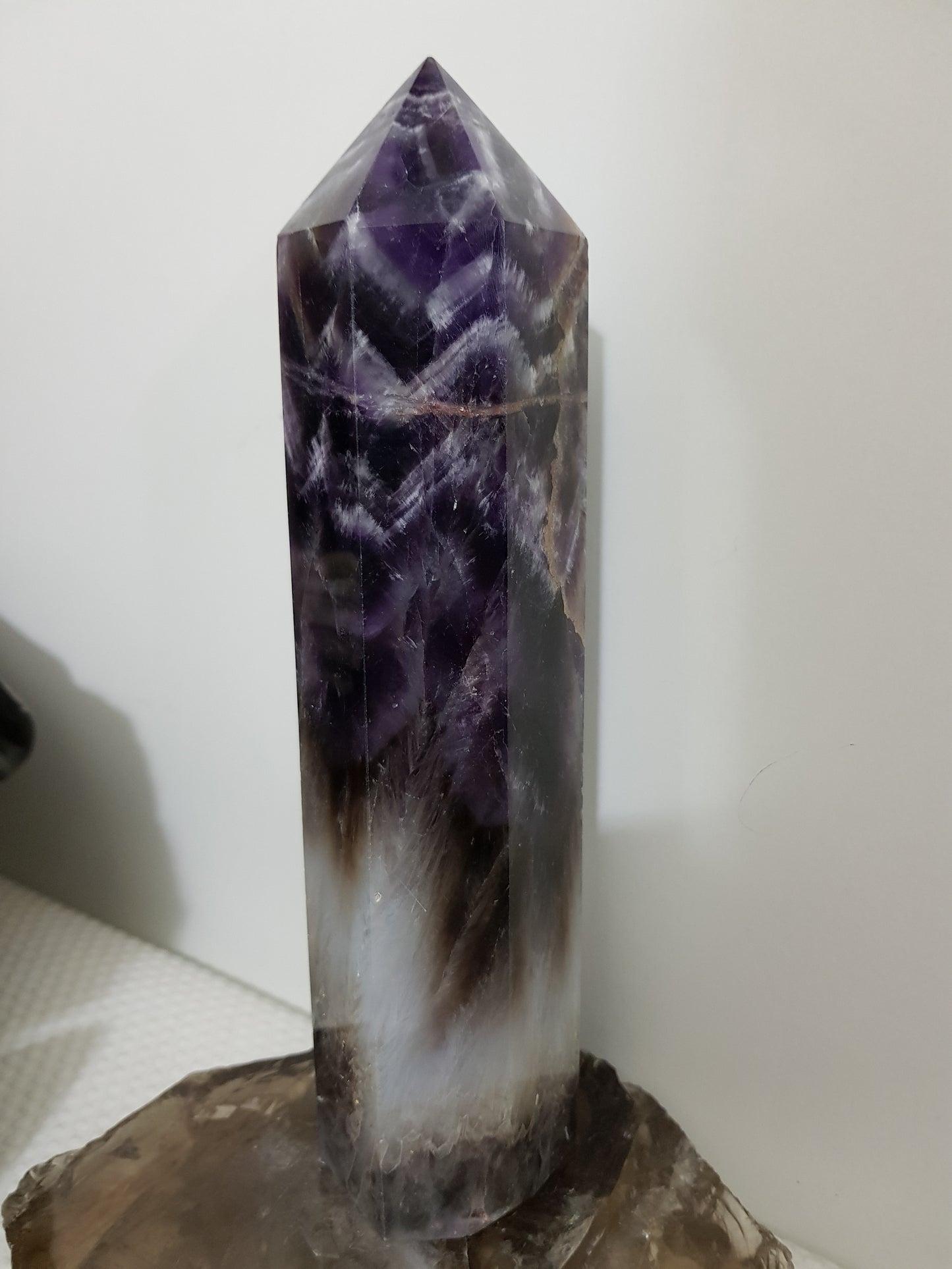 Chevron amethyst crystal point tower polished Brazil deep purple chevron banding 20.5cm