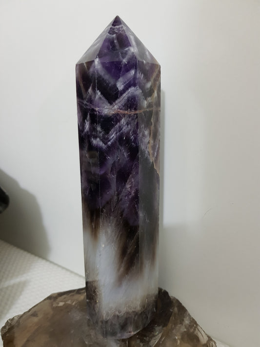 Chevron amethyst crystal point tower polished Brazil deep purple chevron banding 20.5cm