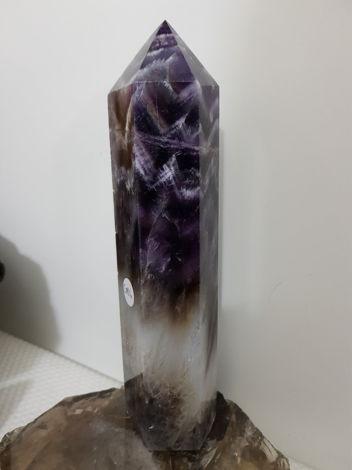 Chevron amethyst crystal point tower polished Brazil deep purple chevron banding 20.5cm