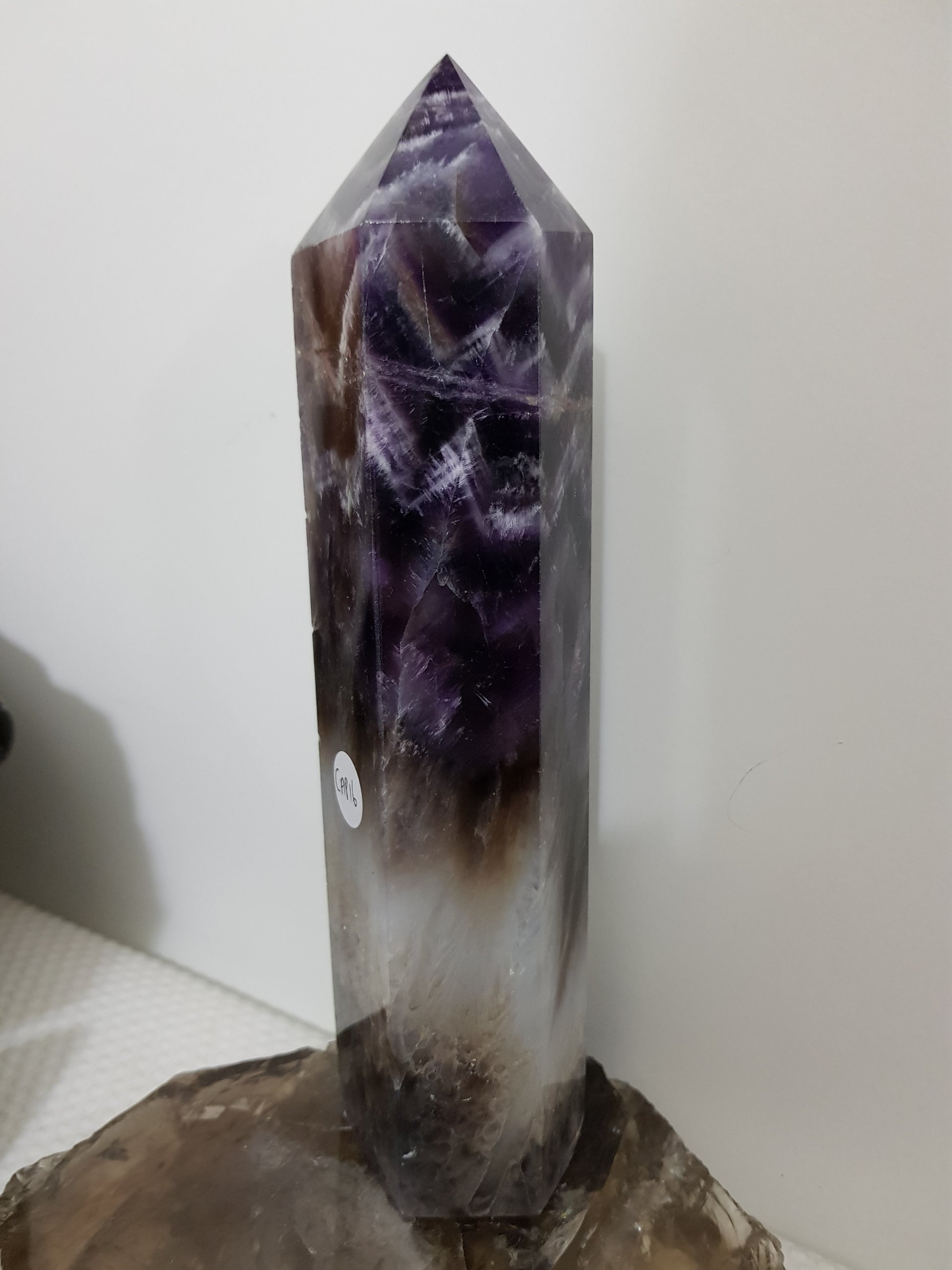 Chevron amethyst crystal point tower polished Brazil deep purple chevron banding 20.5cm