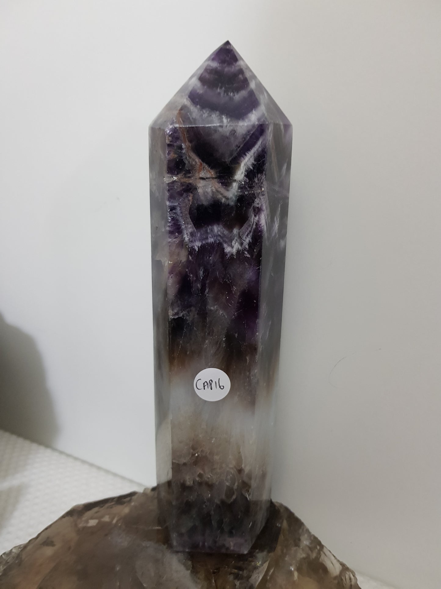 Chevron amethyst crystal point tower polished Brazil deep purple chevron banding 20.5cm