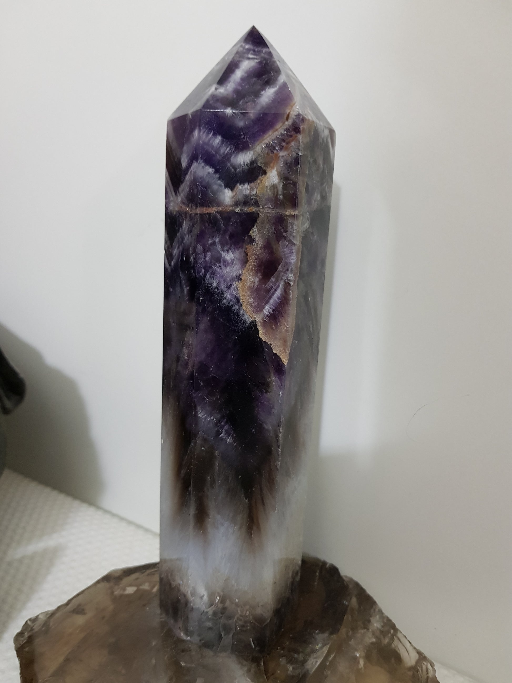 Chevron amethyst crystal point tower polished Brazil deep purple chevron banding 20.5cm