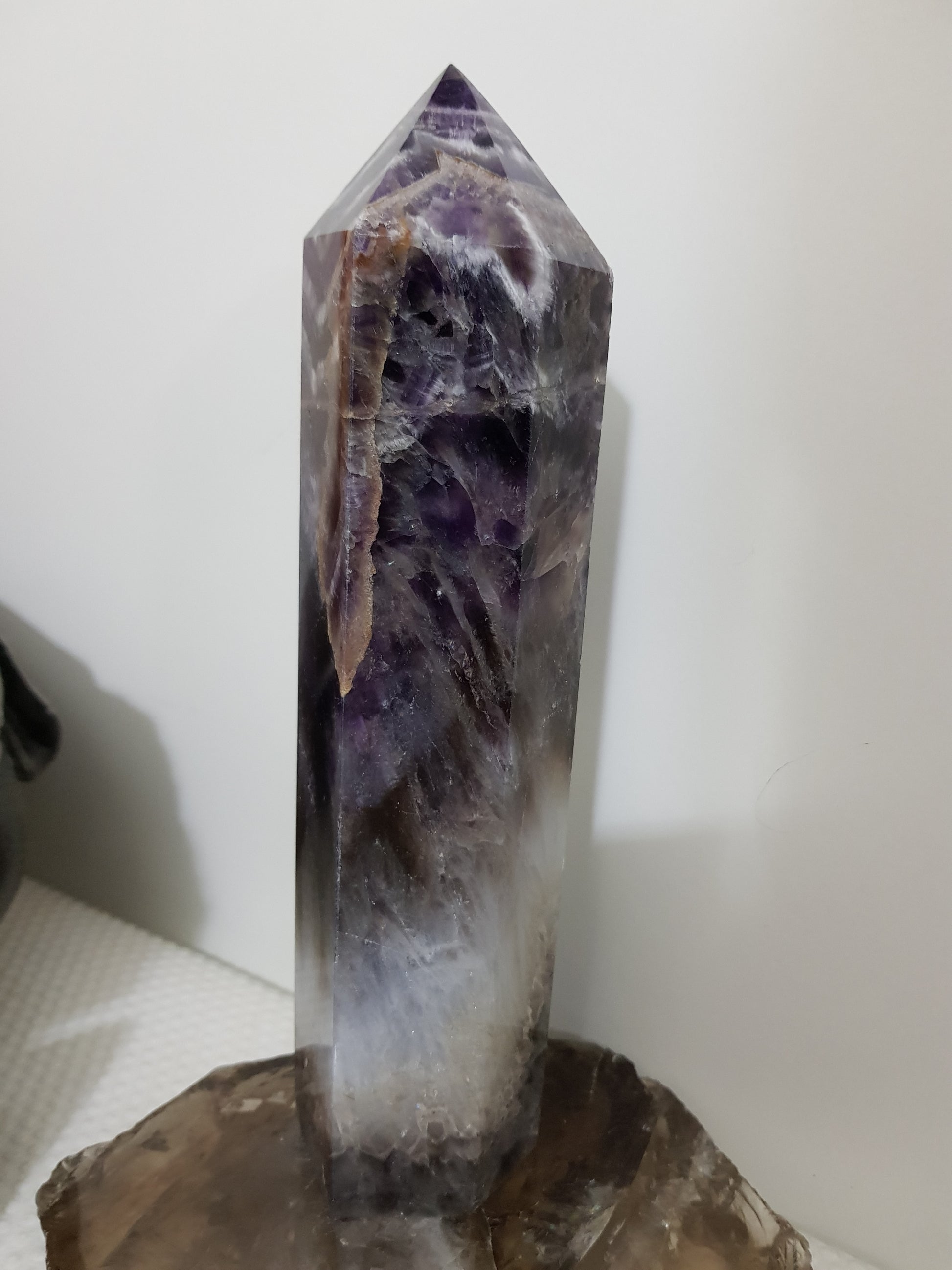 Chevron amethyst crystal point tower polished Brazil deep purple chevron banding 20.5cm