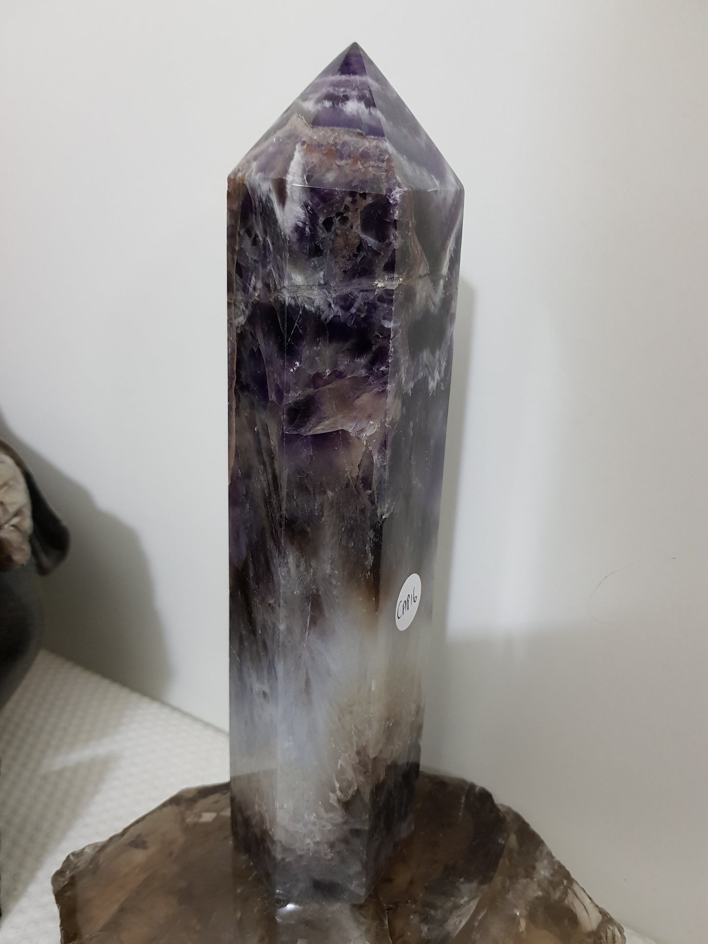 Chevron amethyst crystal point tower polished Brazil deep purple chevron banding 20.5cm