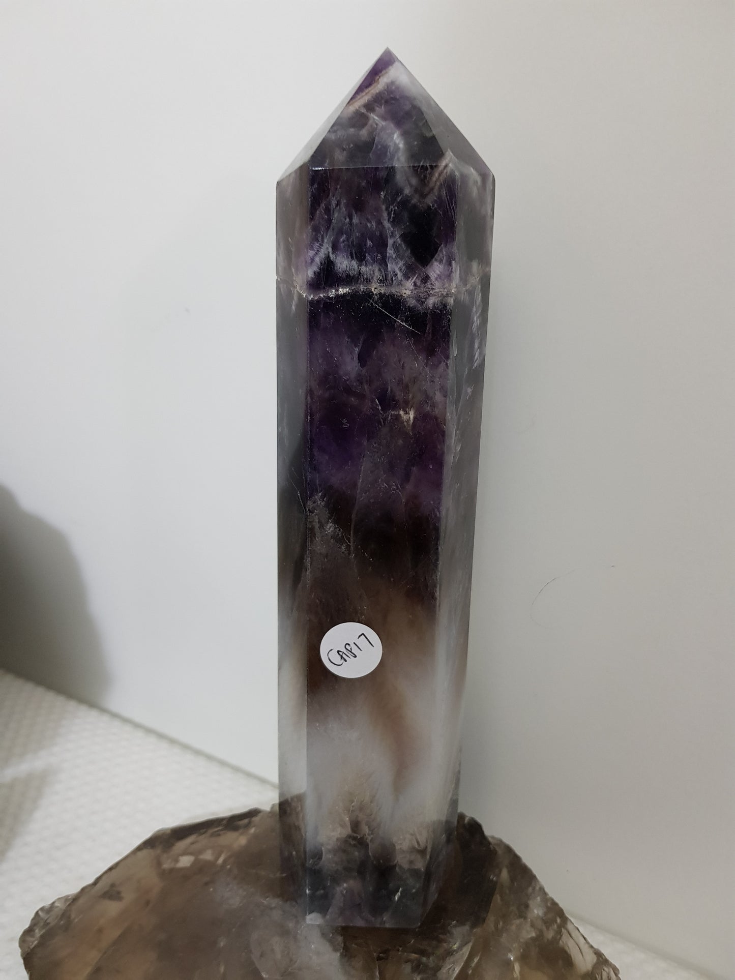 Chevron amethyst crystal point tower polished Brazil deep purple chevron banding 20.5cm